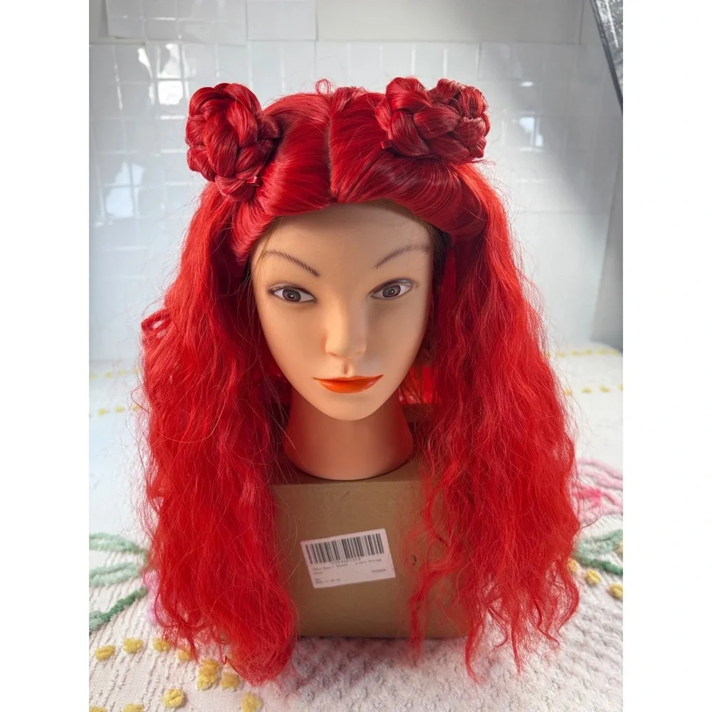 Vibrant Red‎ Cosplay Wig Braided Buns Long Wavy Synthetic Fiber